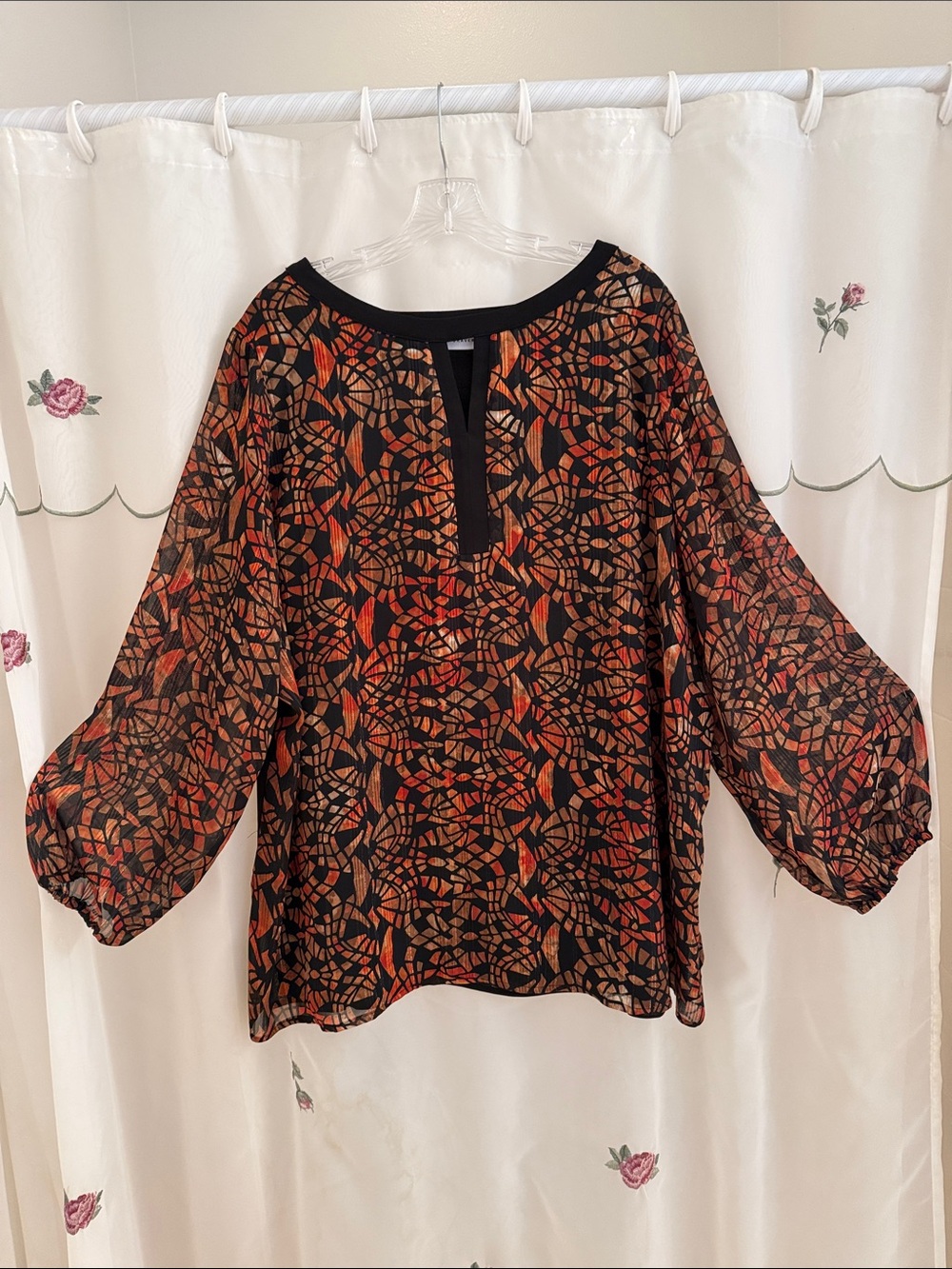 Susan Graver Black Top with Rust, Gold & Tan Mosaic Print